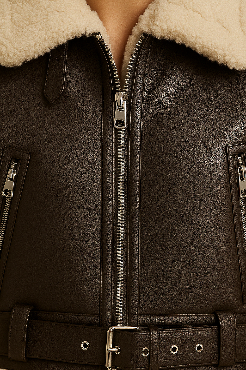 Damska kurtka typu aviator z imitacją futra i paskiem w kolorze ciemnobrązowym