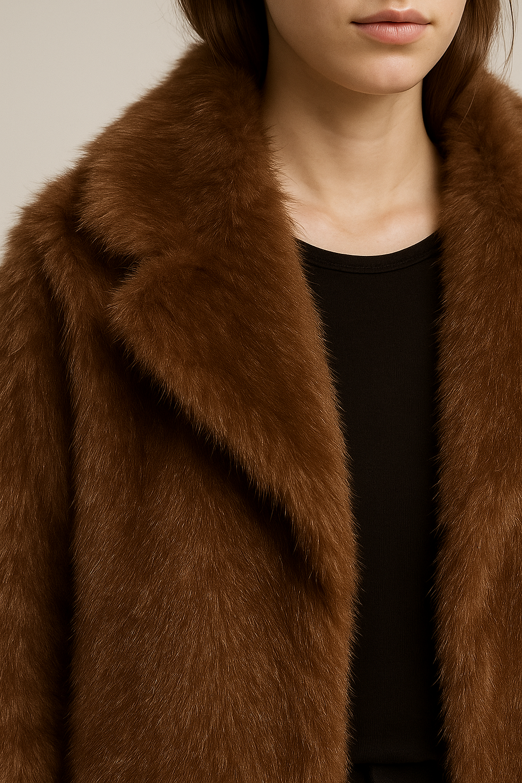 Krótki damski płaszcz w brązowym odcieniu o futrzanej strukturze