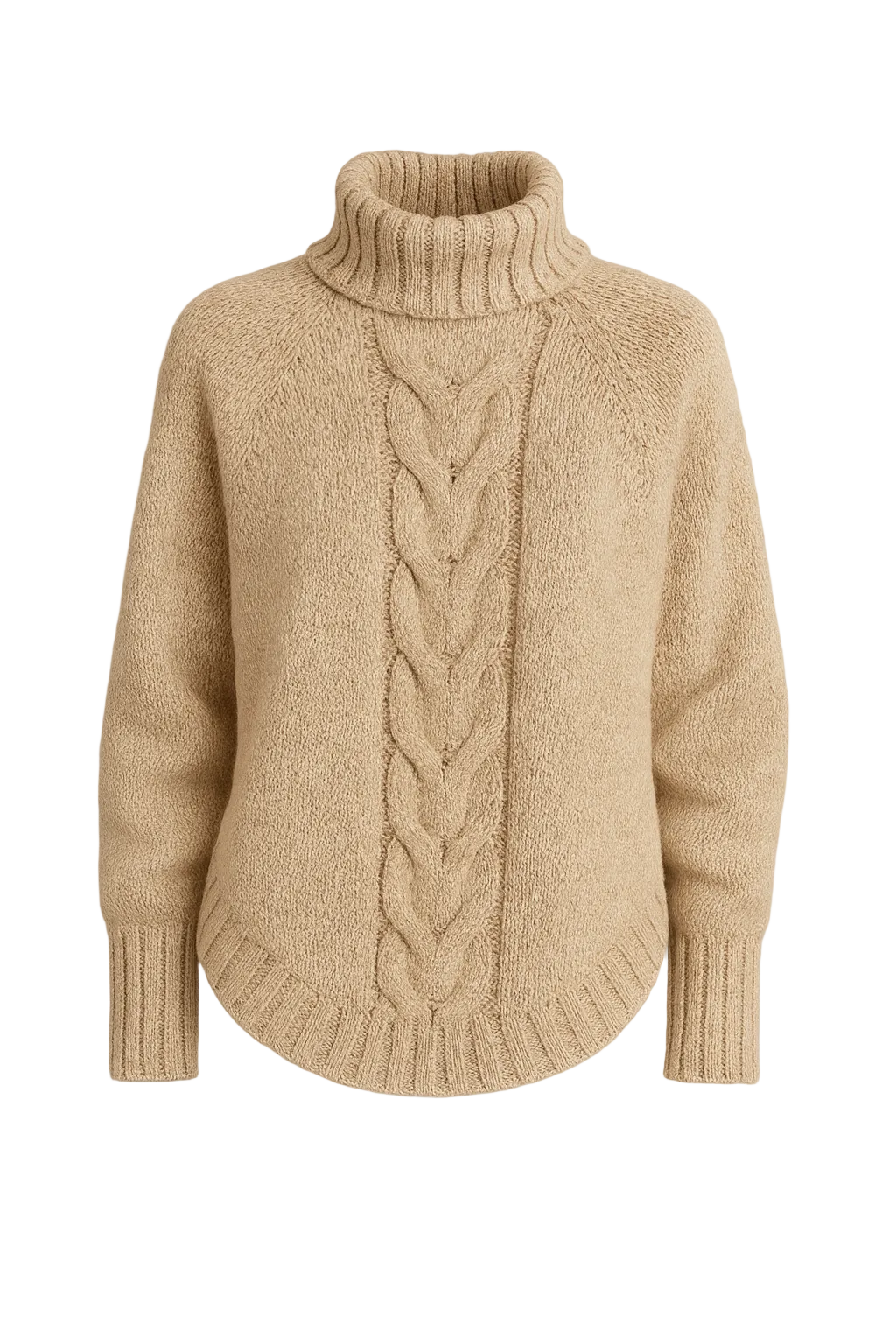 Beżowy sweter z wysokim golfem i splotem warkoczowym