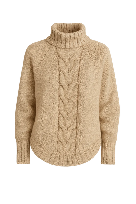 Beżowy sweter z wysokim golfem i splotem warkoczowym