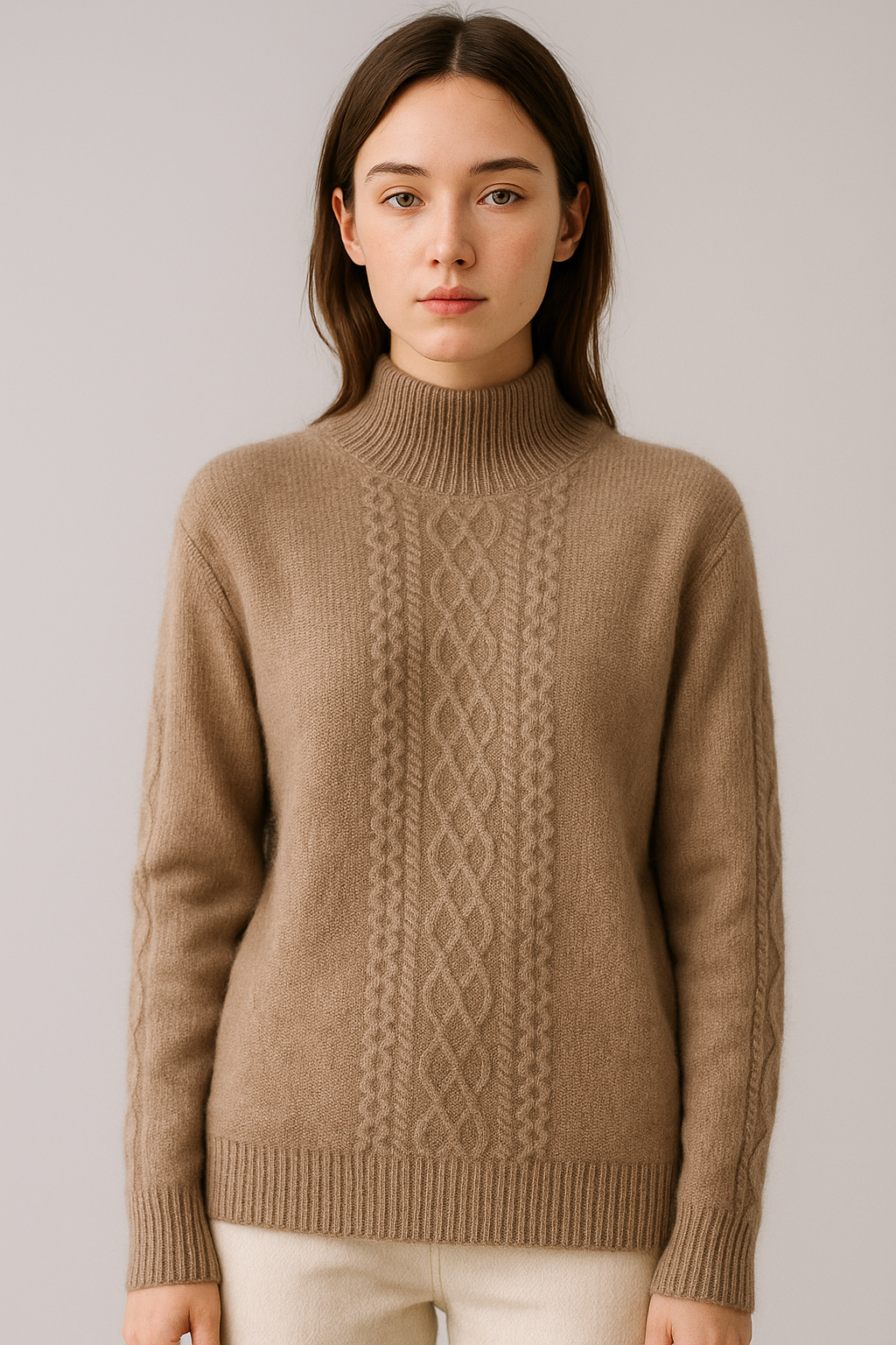 Brązowy sweter z golfem i splotem warkoczowym