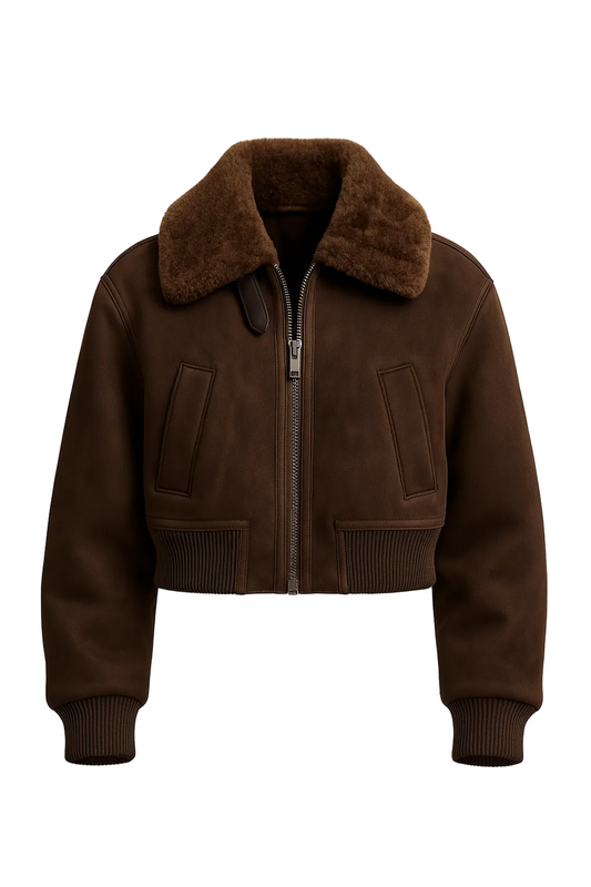 Ciemnobrązowa krótka kurtka z futrzastym kołnierzem