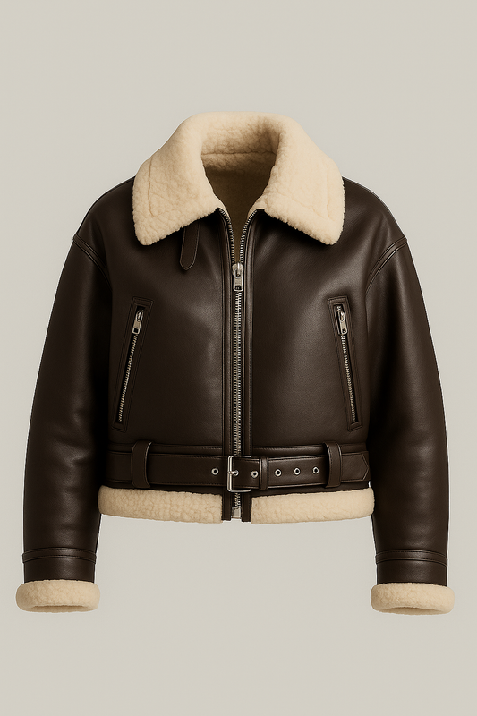 Damska kurtka typu aviator z imitacją futra i paskiem w kolorze ciemnobrązowym