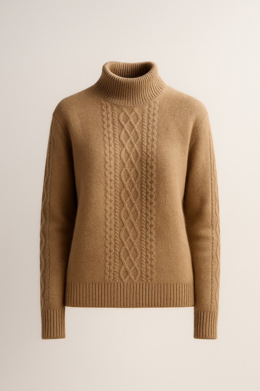 Damski sweter z golfem i wzorem warkoczowym w kolorze brązowym