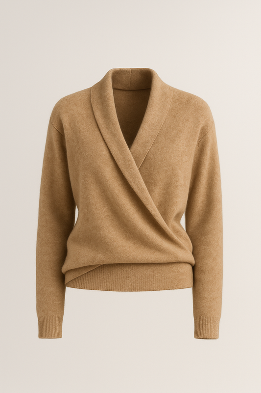 Dzianinowy sweter damski z kopertowym dekoltem w kształcie litery V w kolorze camel