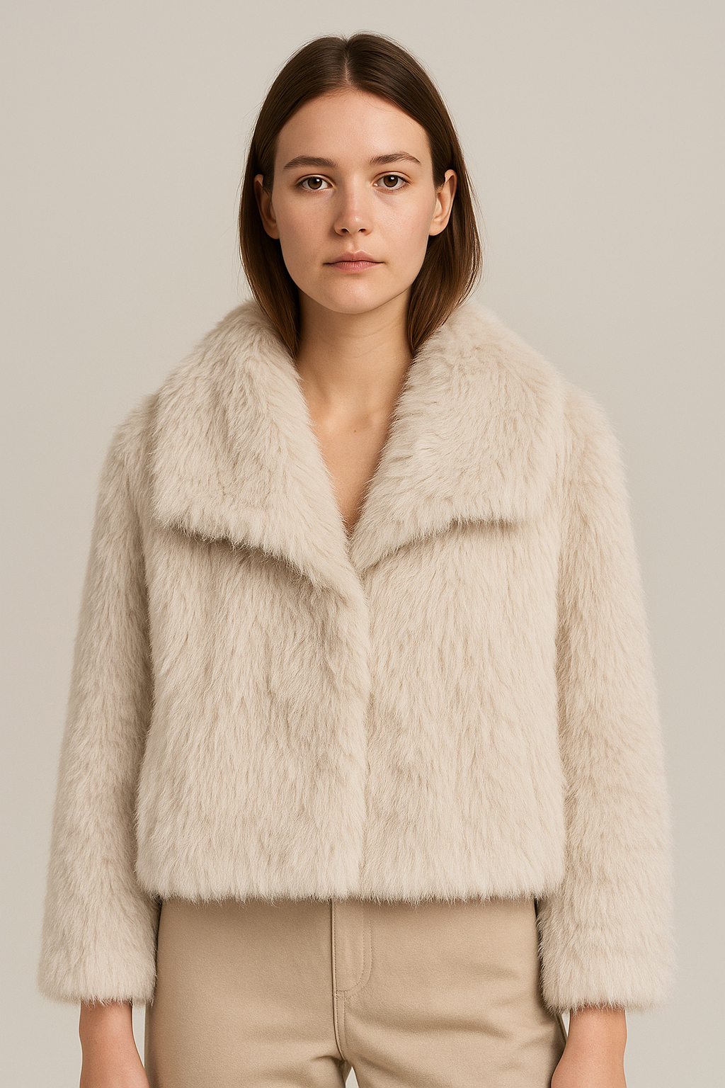 Krótki płaszcz damski z imitacji futra z kołnierzem rewersowym w kolorze jasnobeżowym