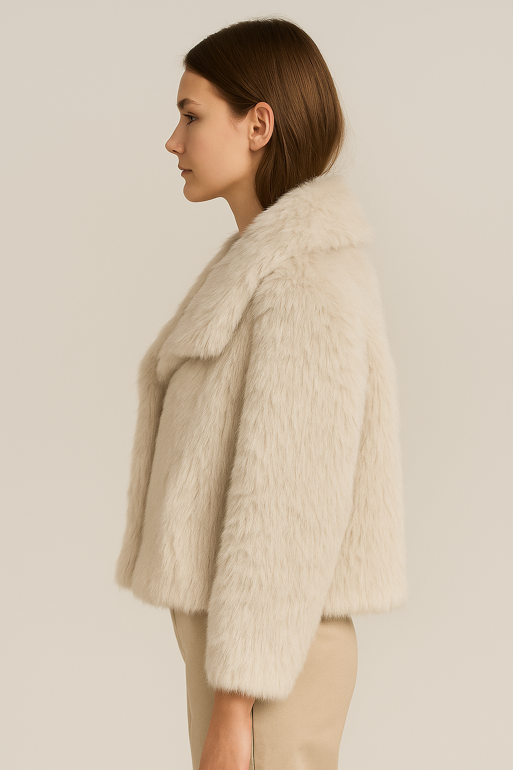 Krótki płaszcz damski z imitacji futra z kołnierzem rewersowym w kolorze jasnobeżowym