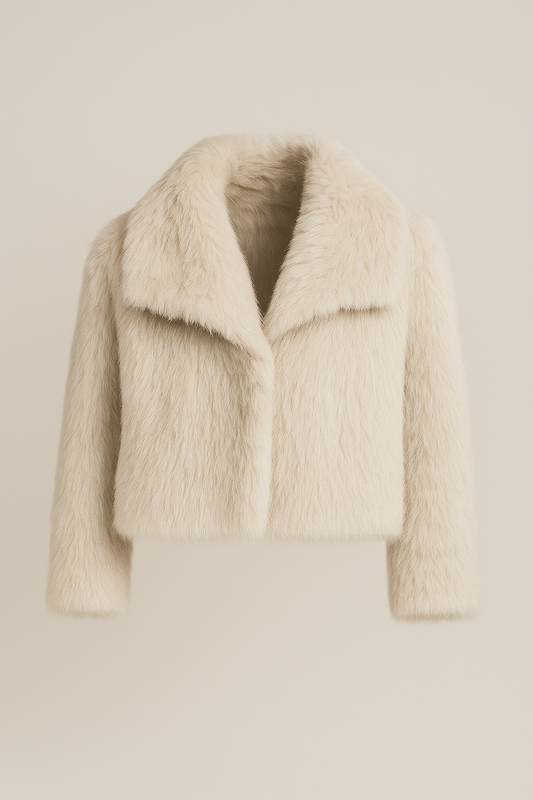 Krótki płaszcz damski z imitacji futra z kołnierzem rewersowym w kolorze jasnobeżowym