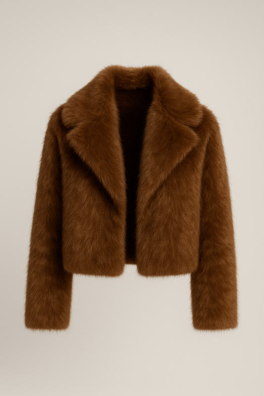 Krótszy płaszcz damski z imitacji futra z kołnierzem rewersowym – brązowy