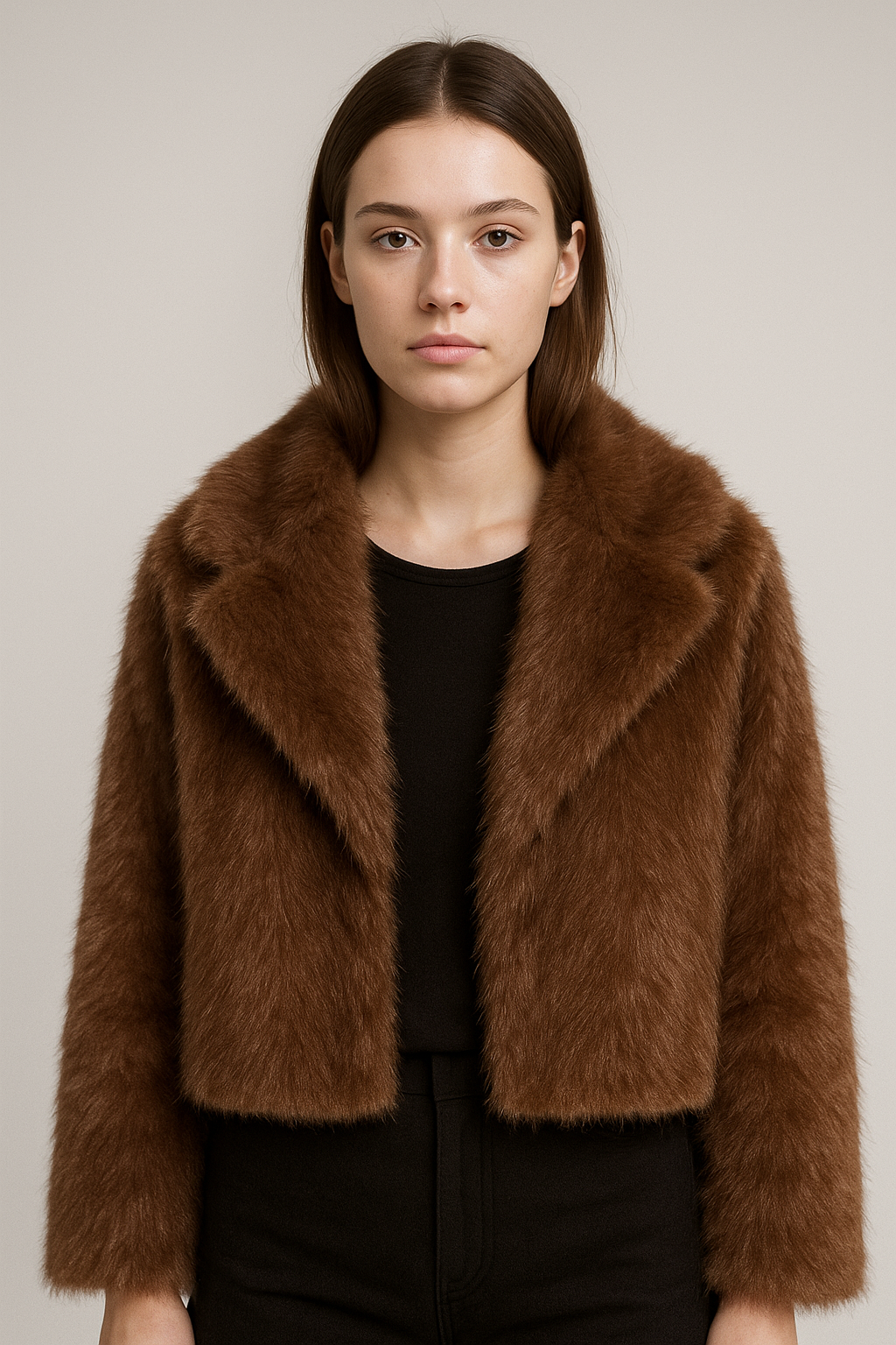 Krótki damski płaszcz w brązowym odcieniu o futrzanej strukturze