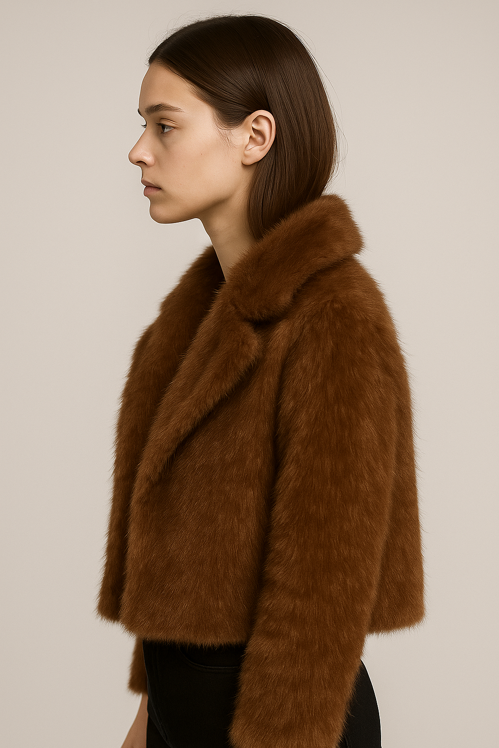 Krótki damski płaszcz w brązowym odcieniu o futrzanej strukturze
