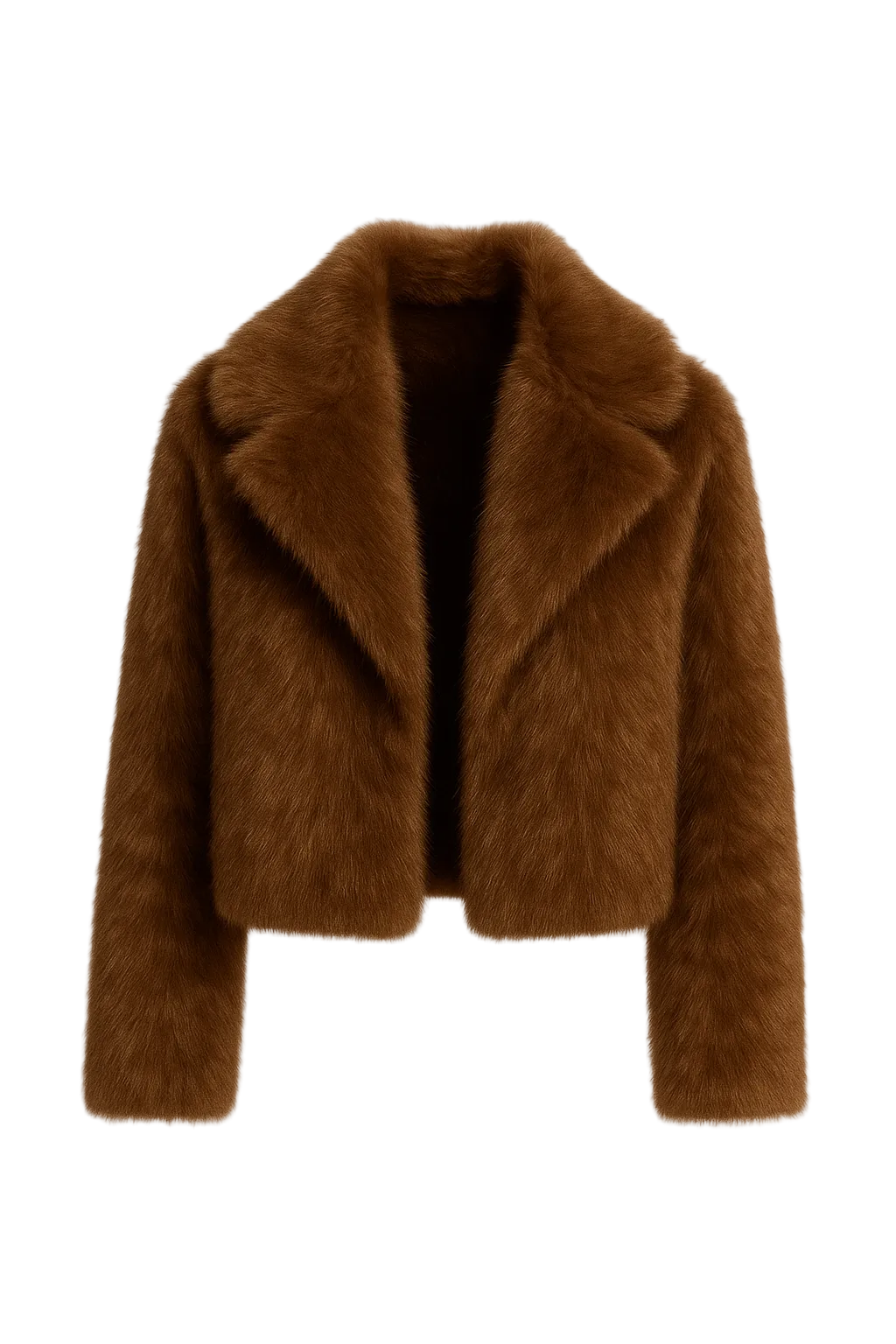 Krótki damski płaszcz w brązowym odcieniu o futrzanej strukturze