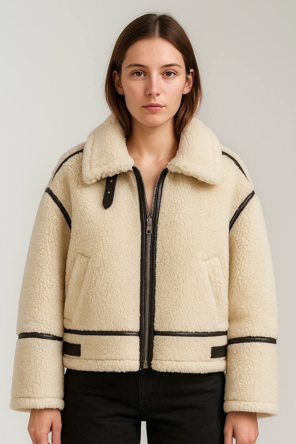 Kurtka damska z imitacji kożucha z kontrastowymi detalami w kolorze kremowym