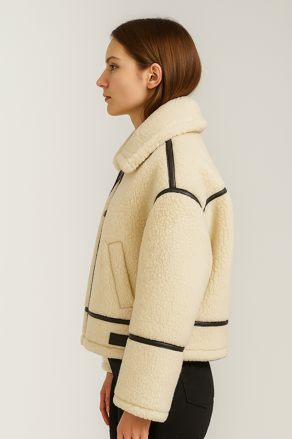 Kurtka damska z imitacji kożucha z kontrastowymi detalami w kolorze kremowym