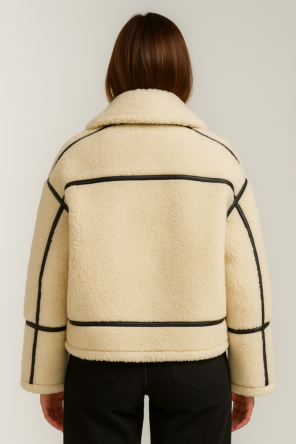 Kurtka damska z imitacji kożucha z kontrastowymi detalami w kolorze kremowym