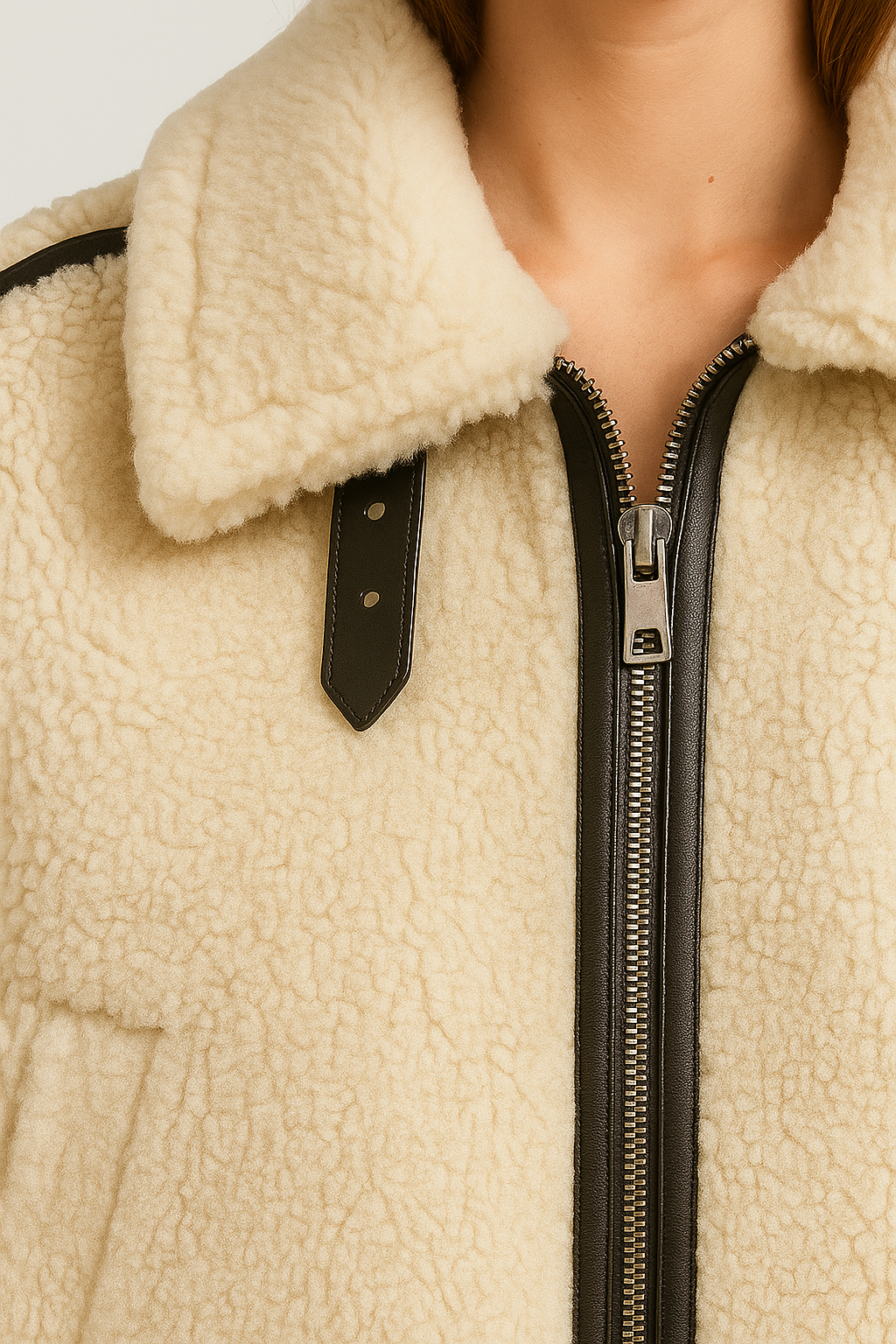 Kurtka damska z imitacji kożucha z kontrastowymi detalami w kolorze kremowym