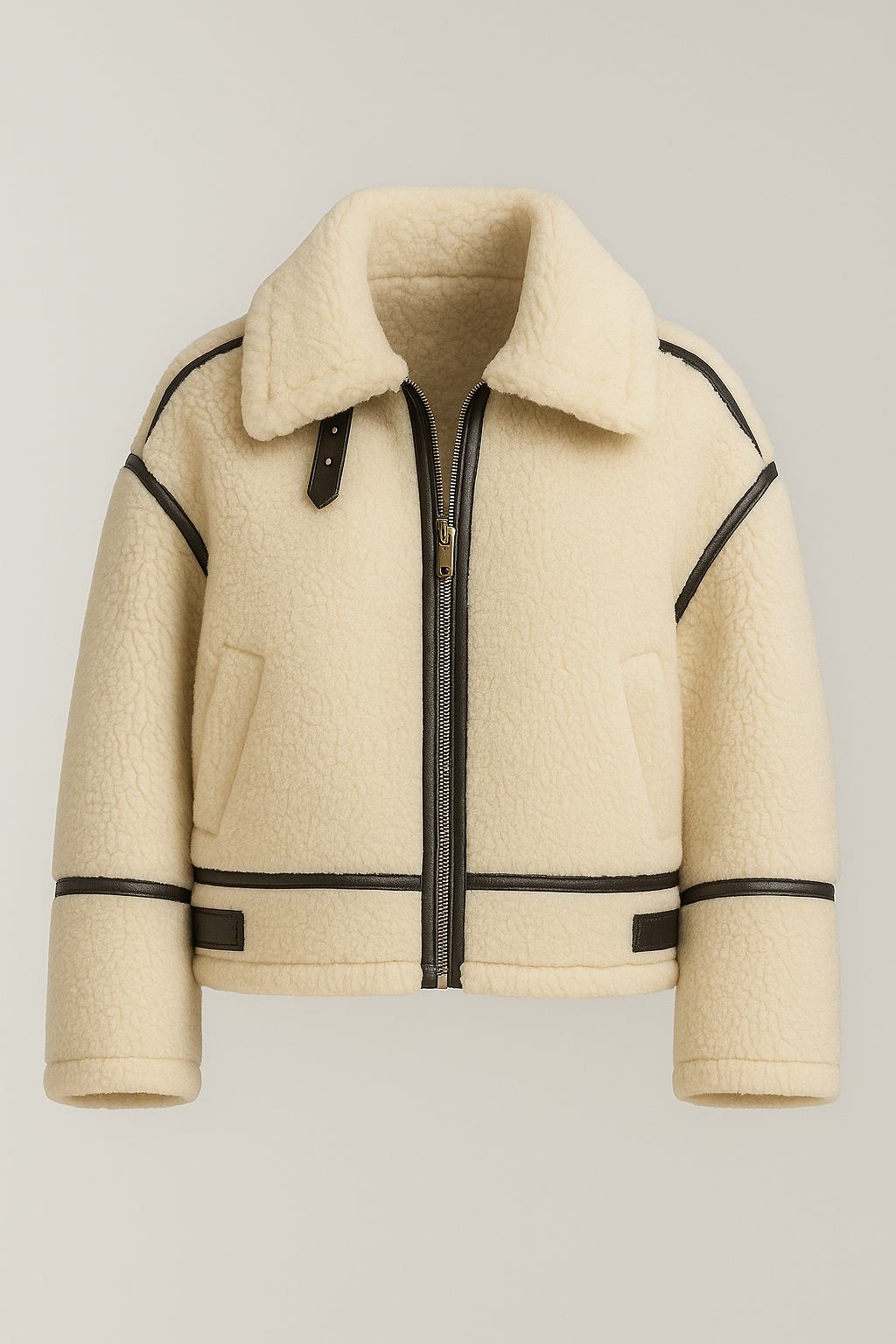 Kurtka damska z imitacji kożucha z kontrastowymi detalami w kolorze kremowym