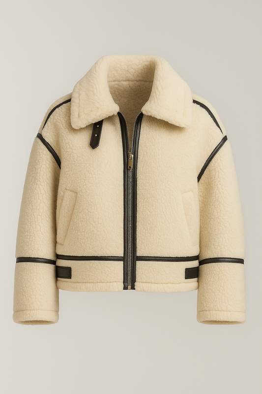 Kurtka damska z imitacji kożucha z kontrastowymi detalami w kolorze kremowym