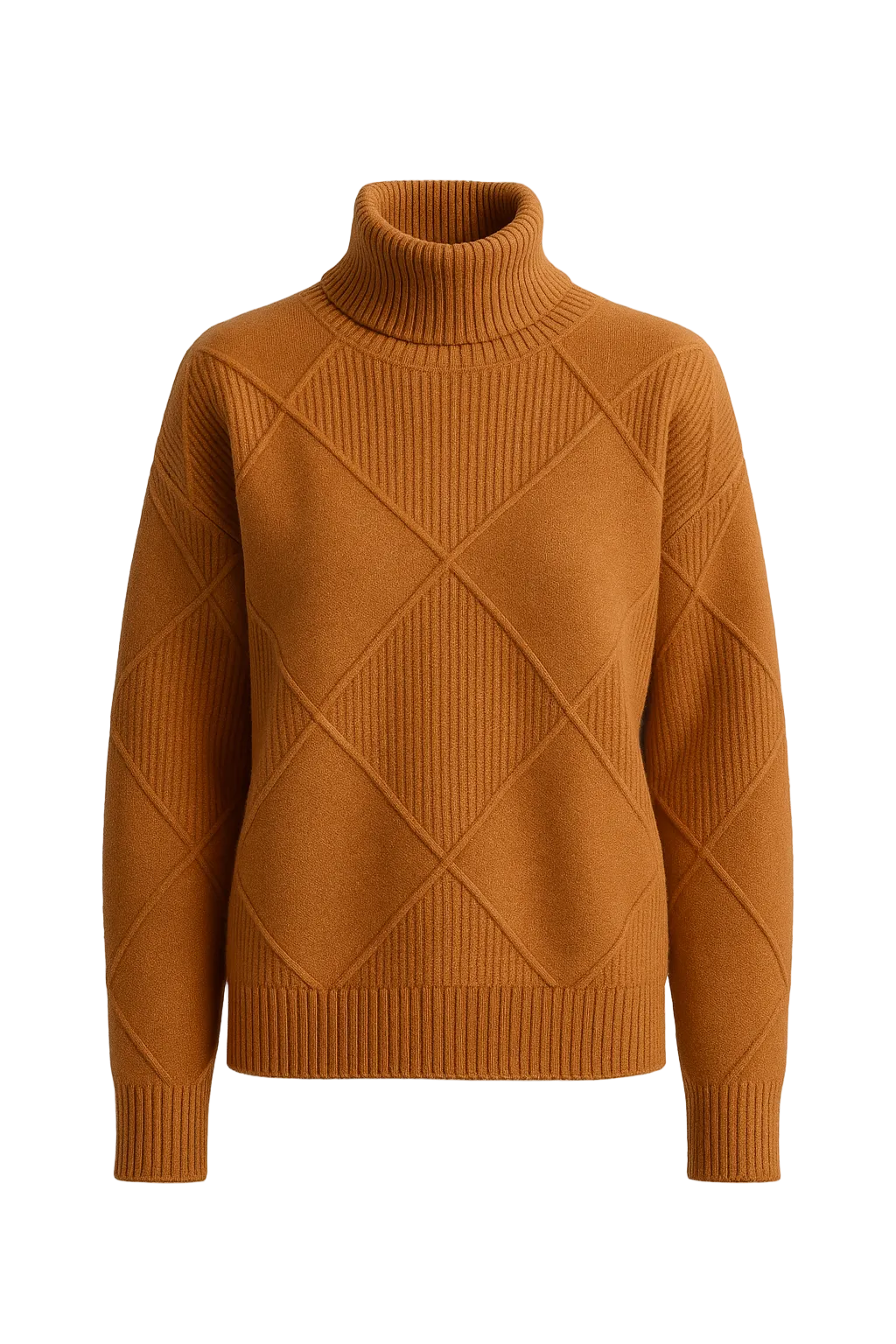 Sweter w rdzawobrązowym odcieniu z wysokim golfem i wzorem liniowym