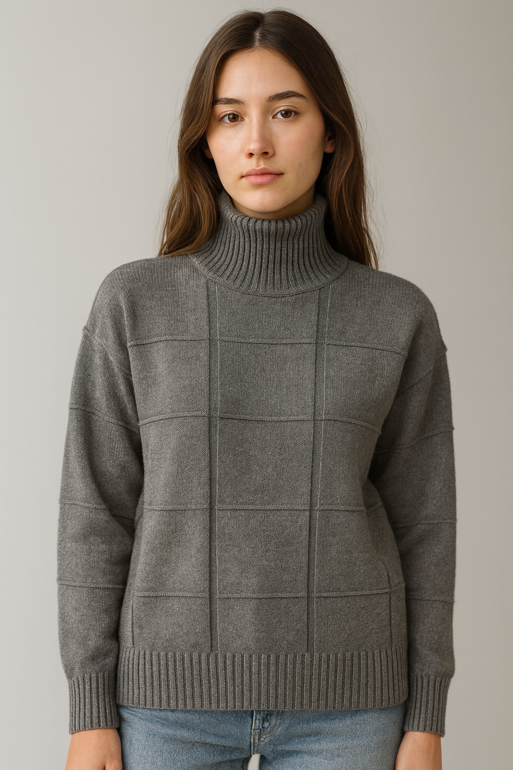 Szary sweter z wysokim golfem i wzorem liniowym
