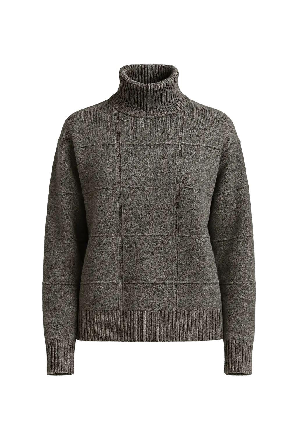 Szary sweter z wysokim golfem i wzorem liniowym